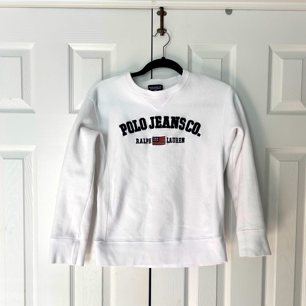 Polo Ralph Lauren Crewneck Sweatshirt Womens White Navy Cotton Embroidered Small
